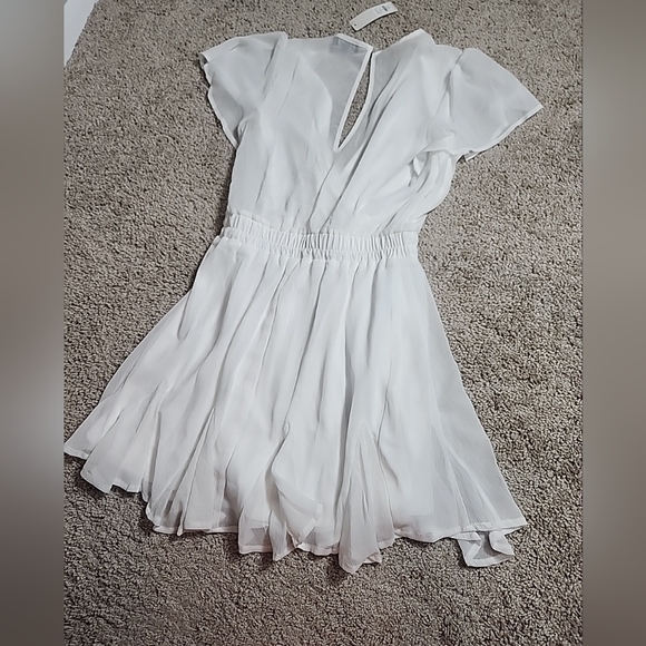 Francesca’s Mi Ami Gianne Godet White  Shiny Lined Wrap Mini Dress | Size Small. - Picture 5 of 12